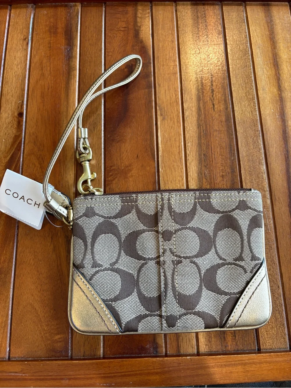 COACH Signature Jacquard Gold Canvas Coin Pouch Wristlet Wallet NWT
